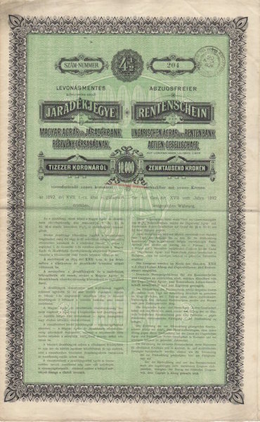 Rentschein ungarischen Agrar und Rentenbank Actien-Gesellschaft: 2000 koronarol: tizezer koronarol.