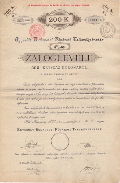 Egyesult Budapesti Fovarosi Fakarepenztar 4 1/2 % - os: Zaloglevele: …