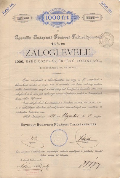 Egyesult Budapesti Fovarosi Fakarepenztar 4 1/2 % - os: Zaloglevele: …