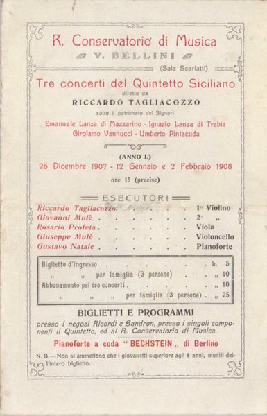 R. Conservatorio di Musica: V. Bellini: Tre concerti del Quintetto …
