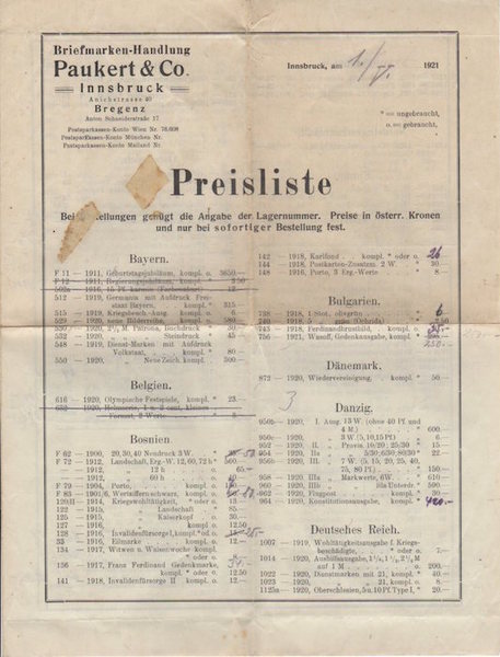 Briefmarken-Handlung Paukert & Co.: Innsbruck - Bregenz: Preisliste: 1921.