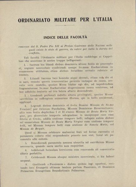 Ordinariato militare per l'Italia: indice delle facoltÃ concesse dal S. …