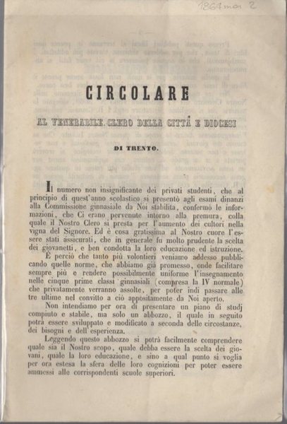 Circolare al venerabile clero della cittÃ e diocesi di Trento.
