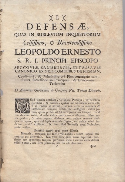 DefensÃ¦, quas in sublevium inquisitorum celsissimo & reverendissimo Leopoldo Ernesto …