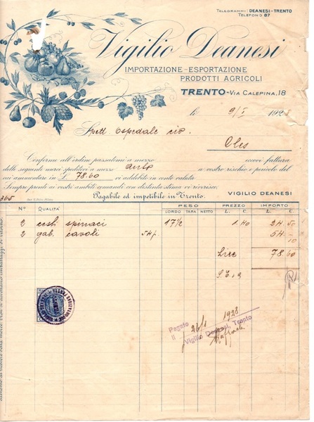 Vigilio Deanesi: importazione - esportazione prodotti agricoli.