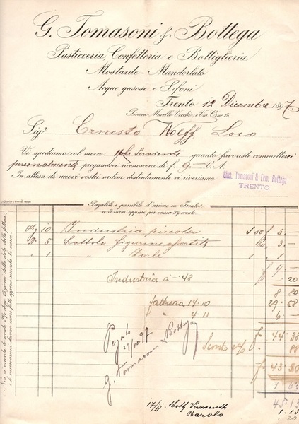 Pasticceria, Confetteria e bottiglieria G. Tomasoni & Bettega: Trento.