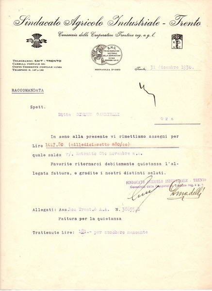 Sindacato agricolo industriale: Trento.