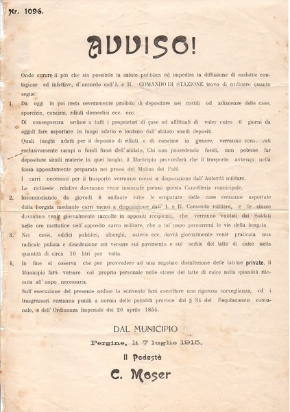 Avviso dal municipio dal PodestÃ C. Moser: Pergine.