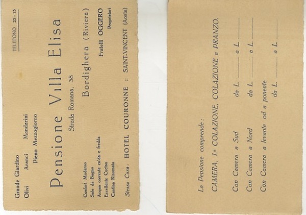 Pensione villa Elisa, Hotel Couronne, Aosta, Bordighera.