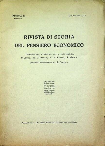 Rivista di storia del pensiero economico: Fasc. III (giugno 1936 …
