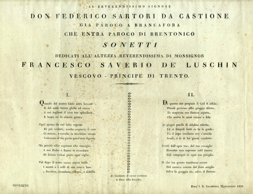 Al reverendissimo Signore Don Federico Sartori da Castione giÃ parroco …