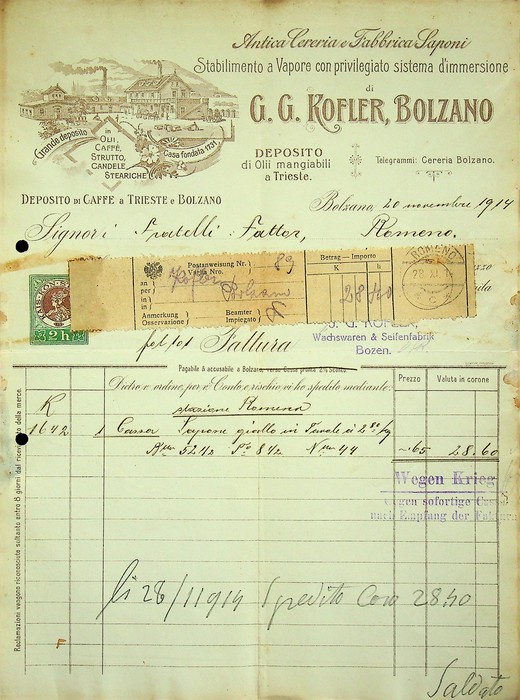 Antica cereria e fabbrica saponi: G.G. Kofler, Bolzano.