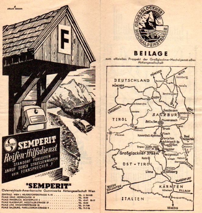 Beilage zum offiziellen Prospekt der Grossglockner-Hochalpenstrassen Aktiengesellschaft. [Semperit Reifen-Hilfsdienst].