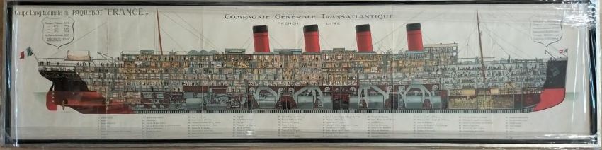 Coupe Longitudinale du PAQUEBOT "FRANCE" COMPAGNIE GENERALE TRANSATLANTIQUE.