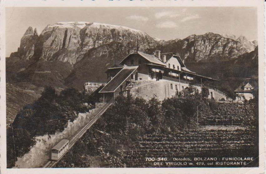 Dolomiti, Bolzano: funicolare del Virgolo m. 479 col ristorante.