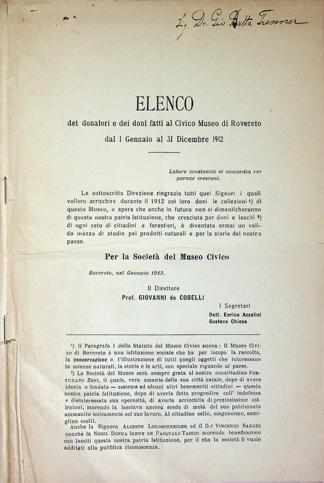 Elenco dei donatori e dei doni fatti al Civico museo …