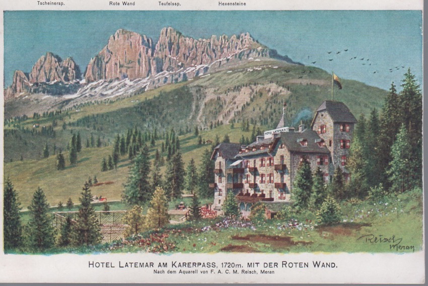 Hotel Latemar am Karepass, 1720 m. mit der Roten Wand.