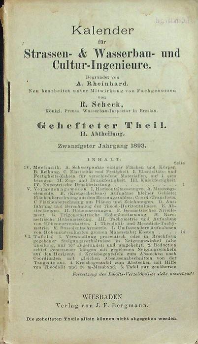 Kalender fÃ¼r Strassen- & Wasserbau- und Cultur-Ingenieure: Zwanzigster Jahrgang 1893.