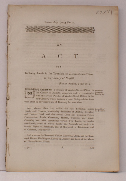 An Act for Inclosing Lands in the Township of Hockwold-cum-Wilton. …