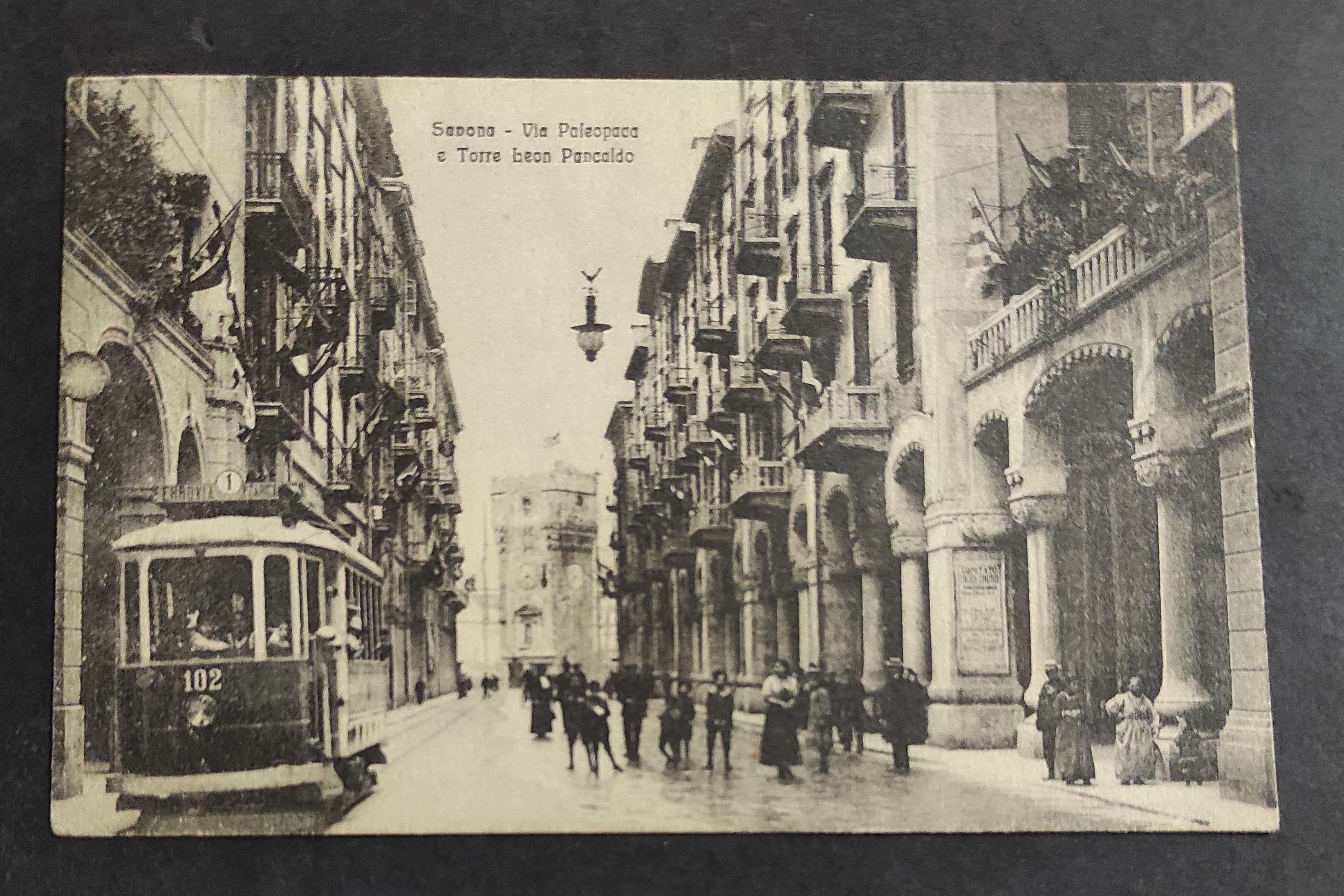 Cartolina Savona - Via Paleopaca e Torre Leon Pancaldo
