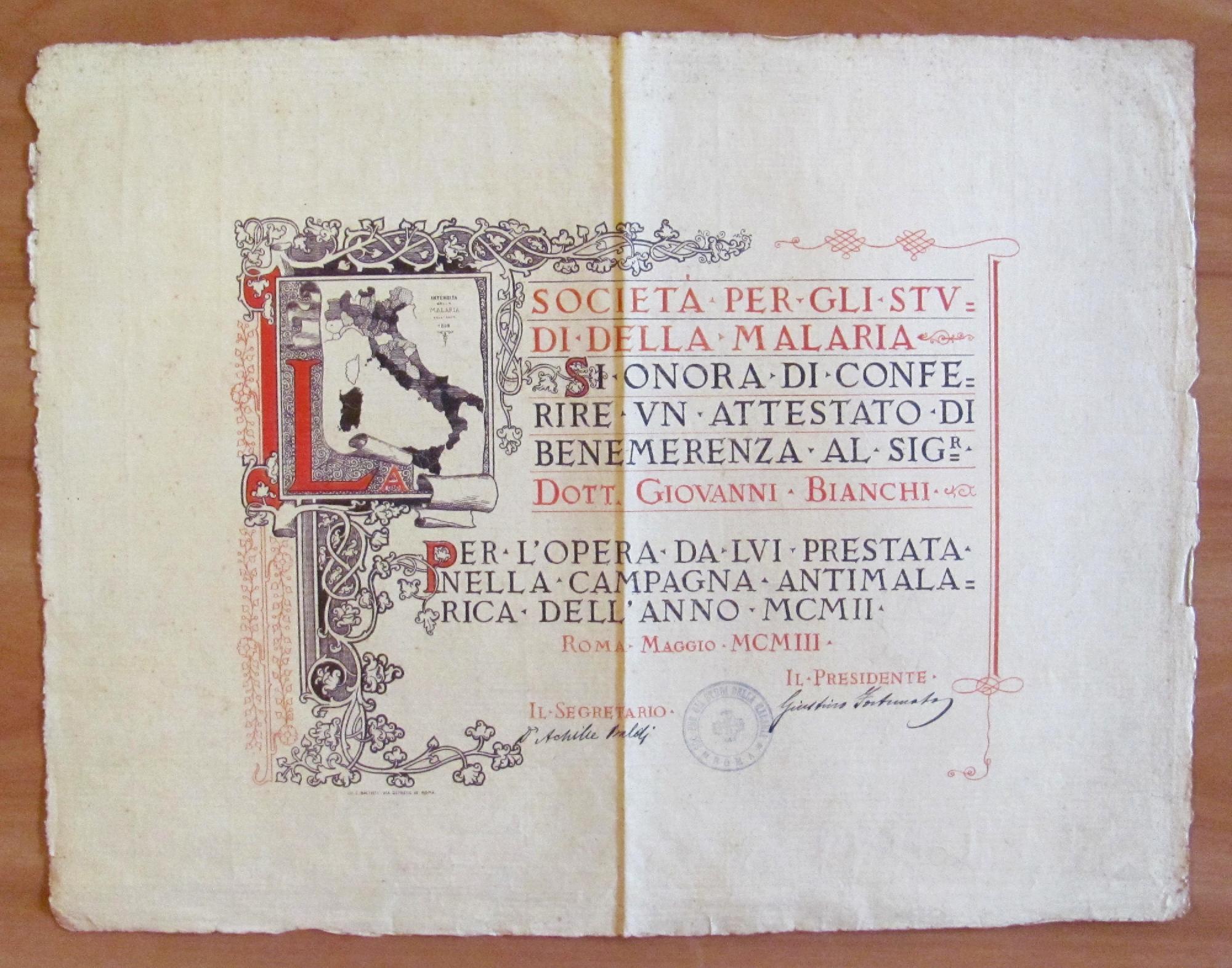 ATTESTATO DI BENEMERENZA CAMPAGNA ANTIMALARICA del 1903 - Lit. BATTISTI …