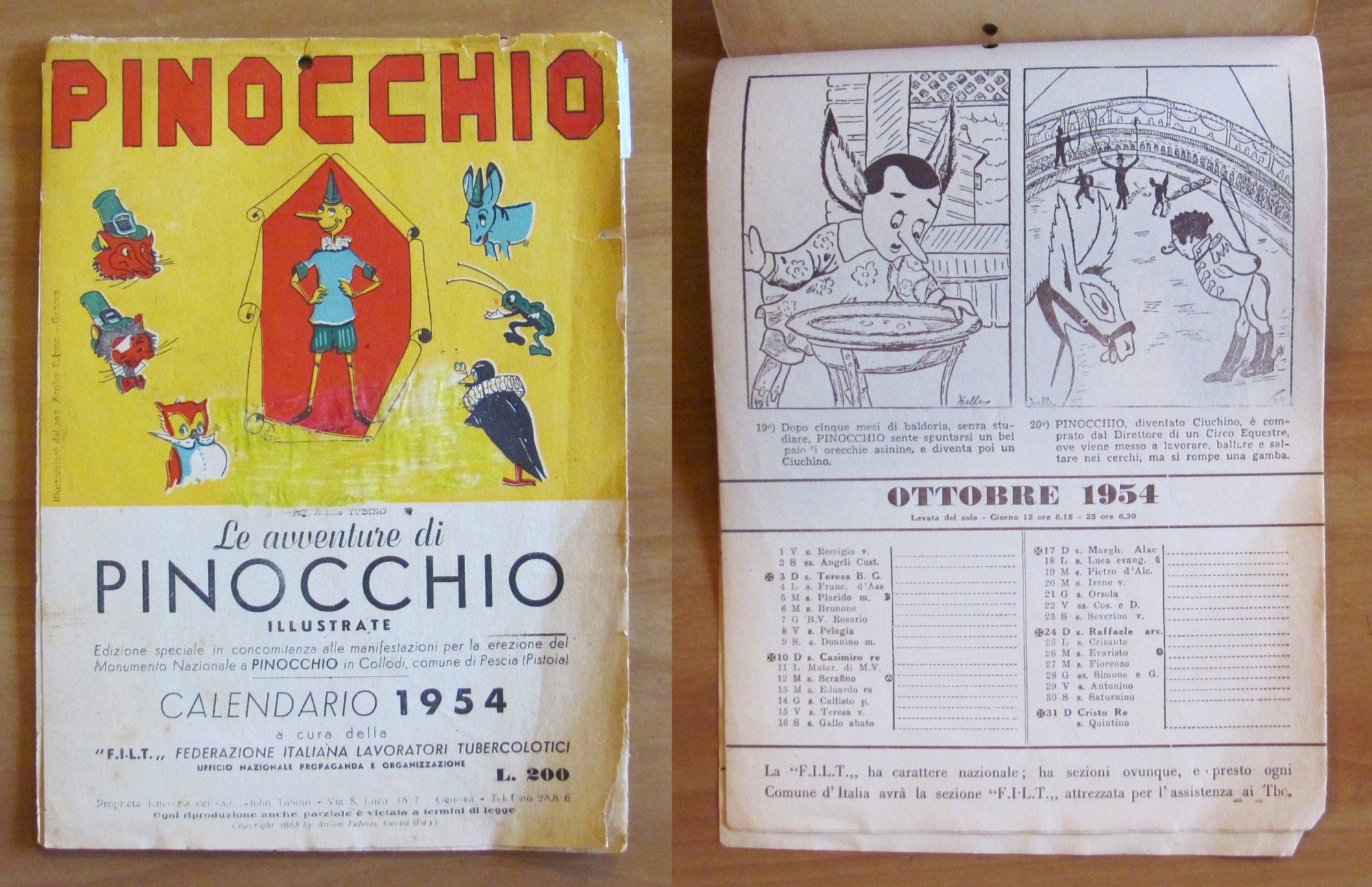 CALENDARIO 1954 - LE AVVENTURE DI PINOCCHIO Illustrate