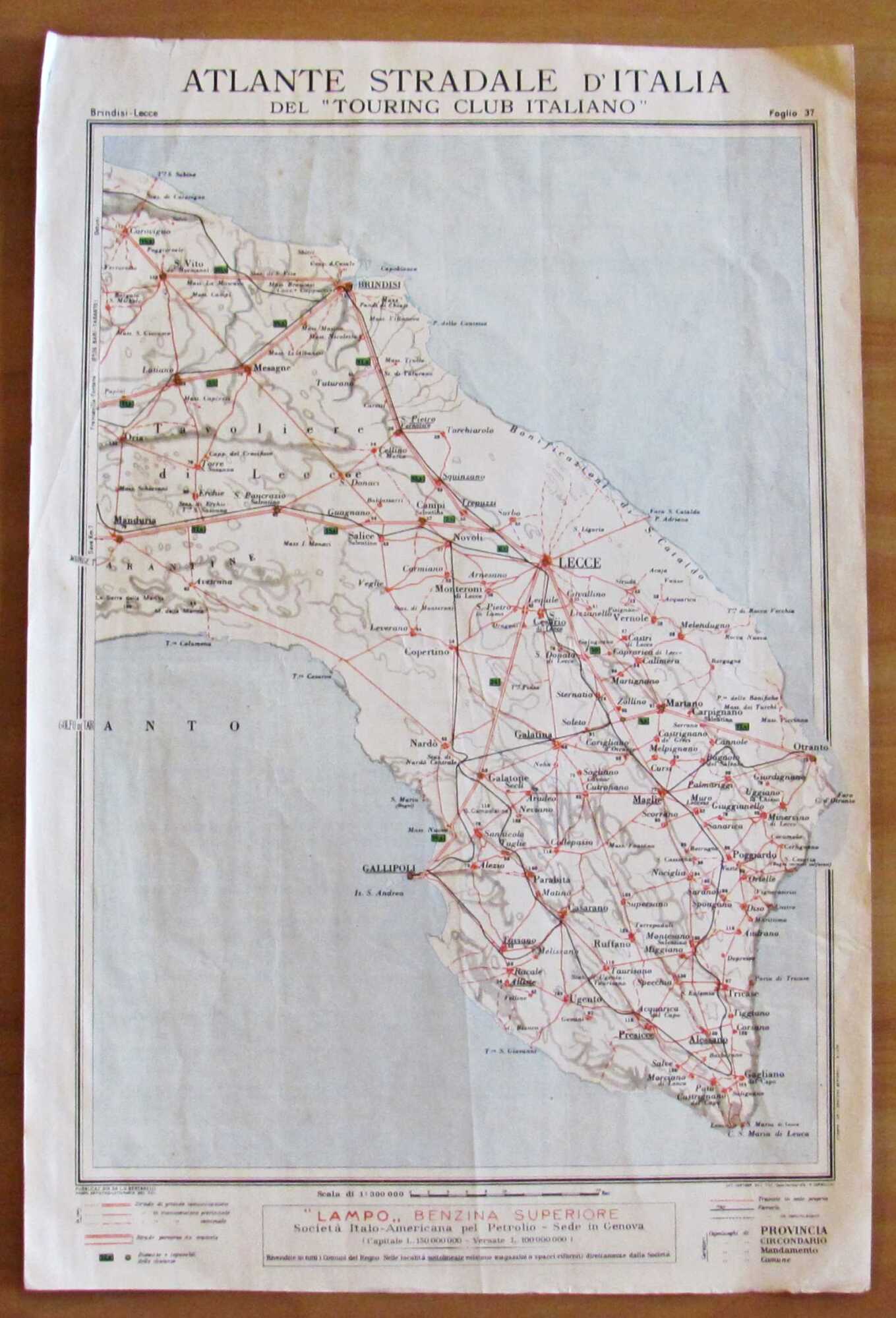 Cartina ATLANTE STRADALE Touring Club - BRINDISI - LECCE, 1924