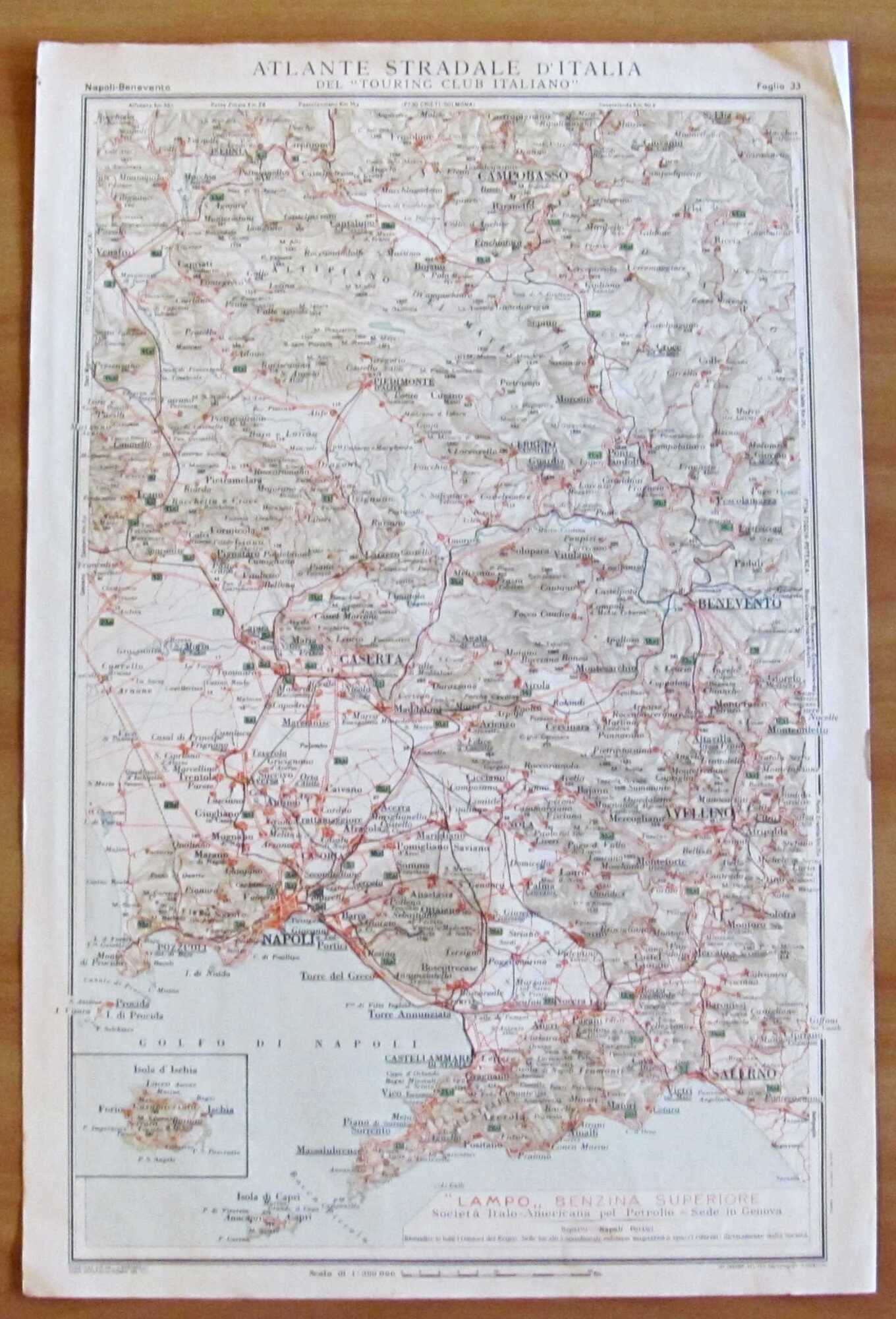 Cartina ATLANTE STRADALE Touring Club NAPOLI - BENEVENTO, 1924