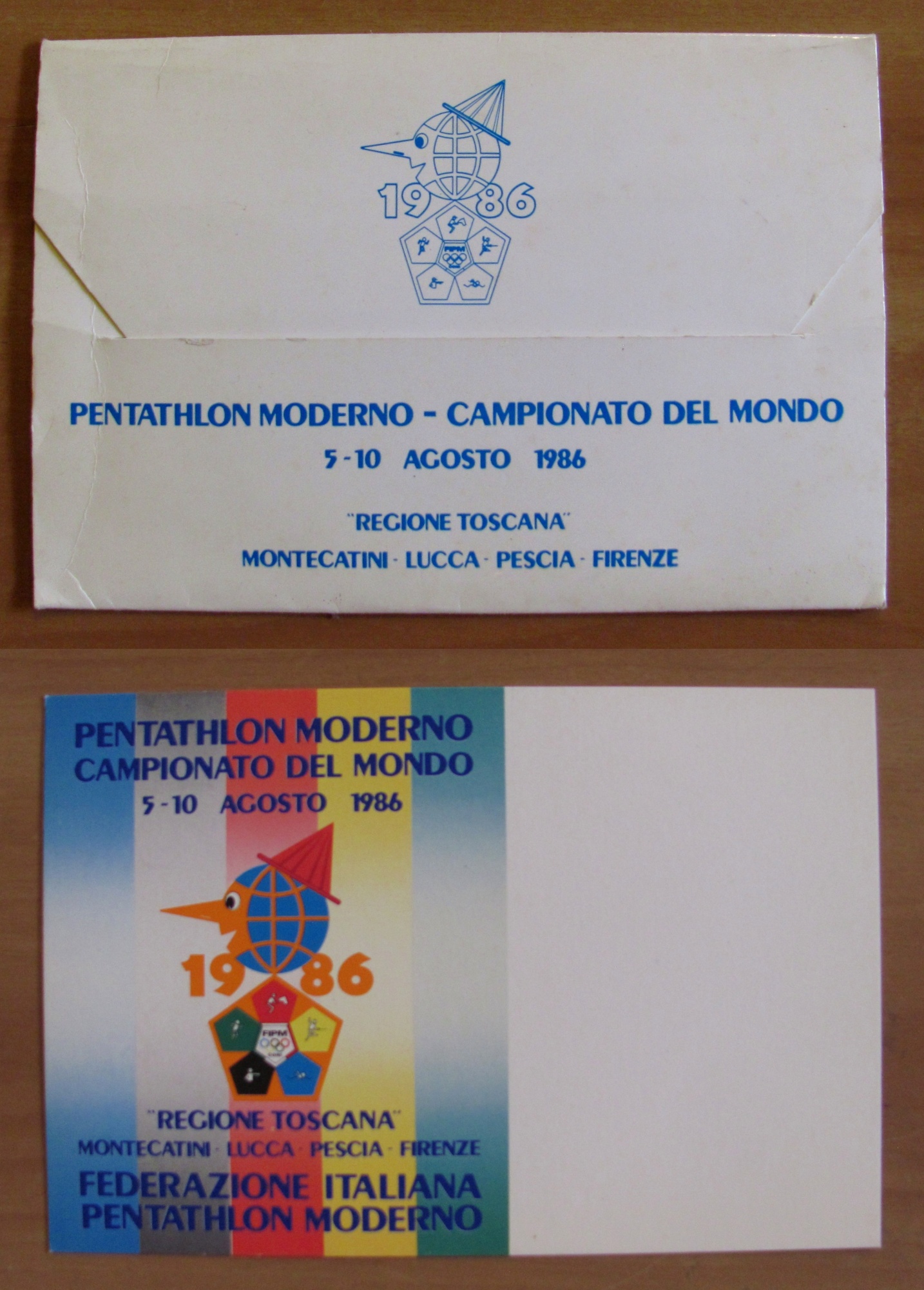 Cartolina PINOCCHIO Mascotte Campionati del Mondo PENTATHLON 1986 in Folder