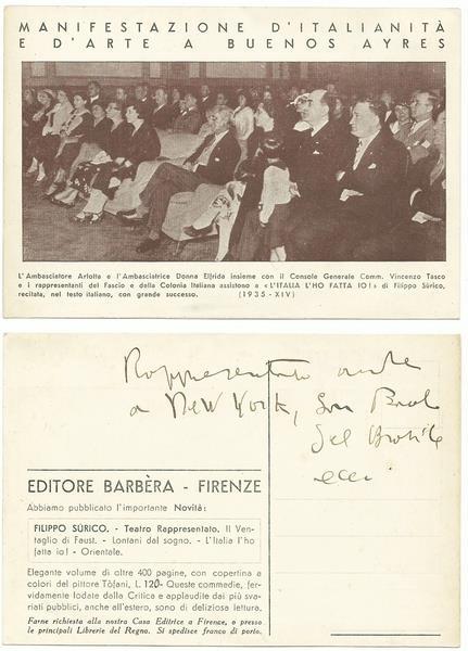 Cartolina Pubblicitaria Manifestazione D'Italianità E D'Arte A Buenos Ayres