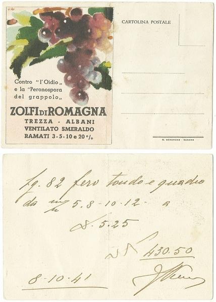 Cartolina Pubblicitaria Zolfi Di Romagna. Trezza. Albani. Ventilato Smeraldo. Ramati