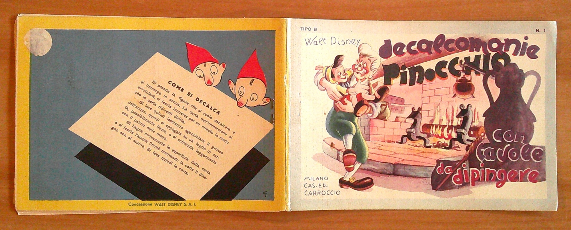 DECALCOMANIE PINOCCHIO con Tavole da dipingere, anni '40