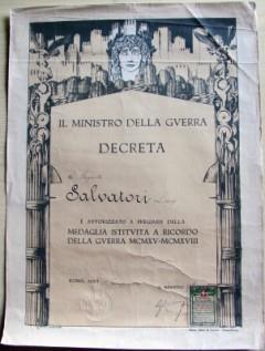 Decreto per Medaglia 1921 - Ministero della Guerra con BOLLO …