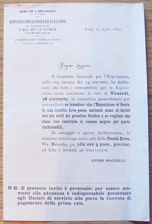 Invito Personale Esposizione Generale Italiana Di Belle Arti E Di …