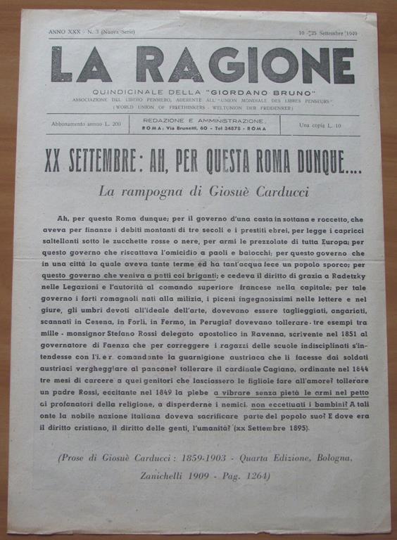 La Ragione. Quindicinale Della \Giordano Bruno\" Associazione Del Libero Pensiero. …
