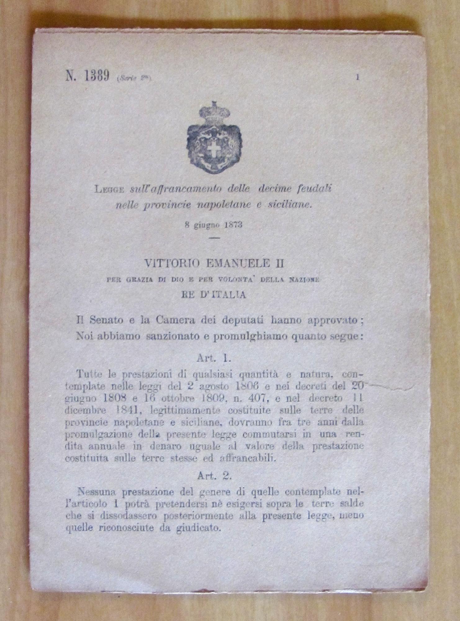 REGIO DECRETO Affrancamento Decime Feudali Provincie Napoletane Siciliane -1873