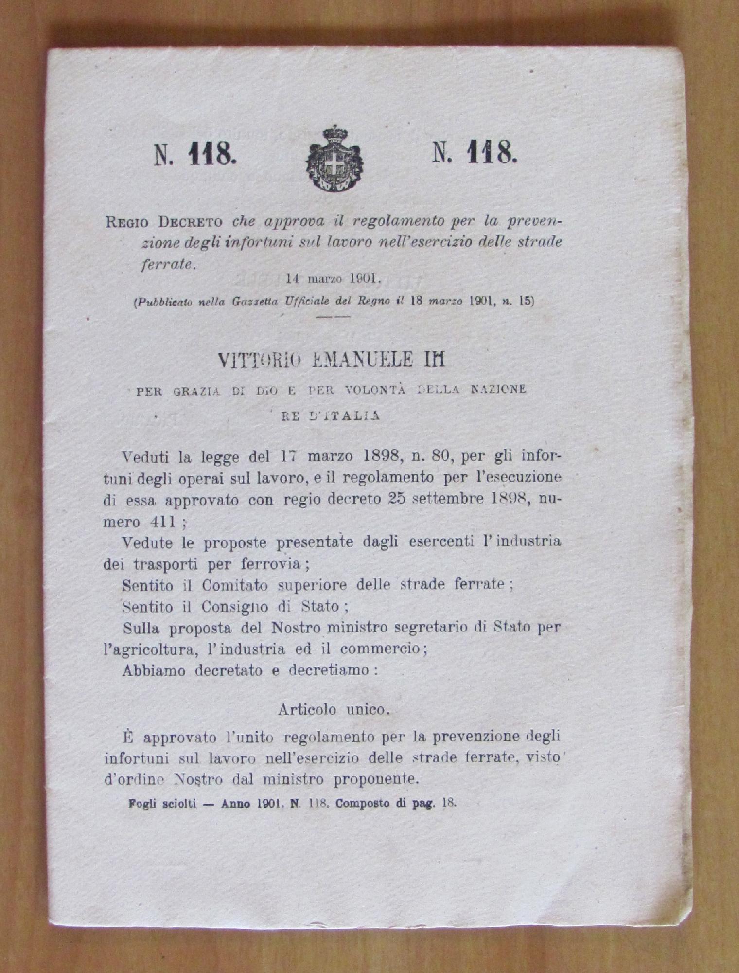 REGIO DECRETO Prevenzione Infortuni Lavoro nell'Esercizio Strade Ferrate - 1901