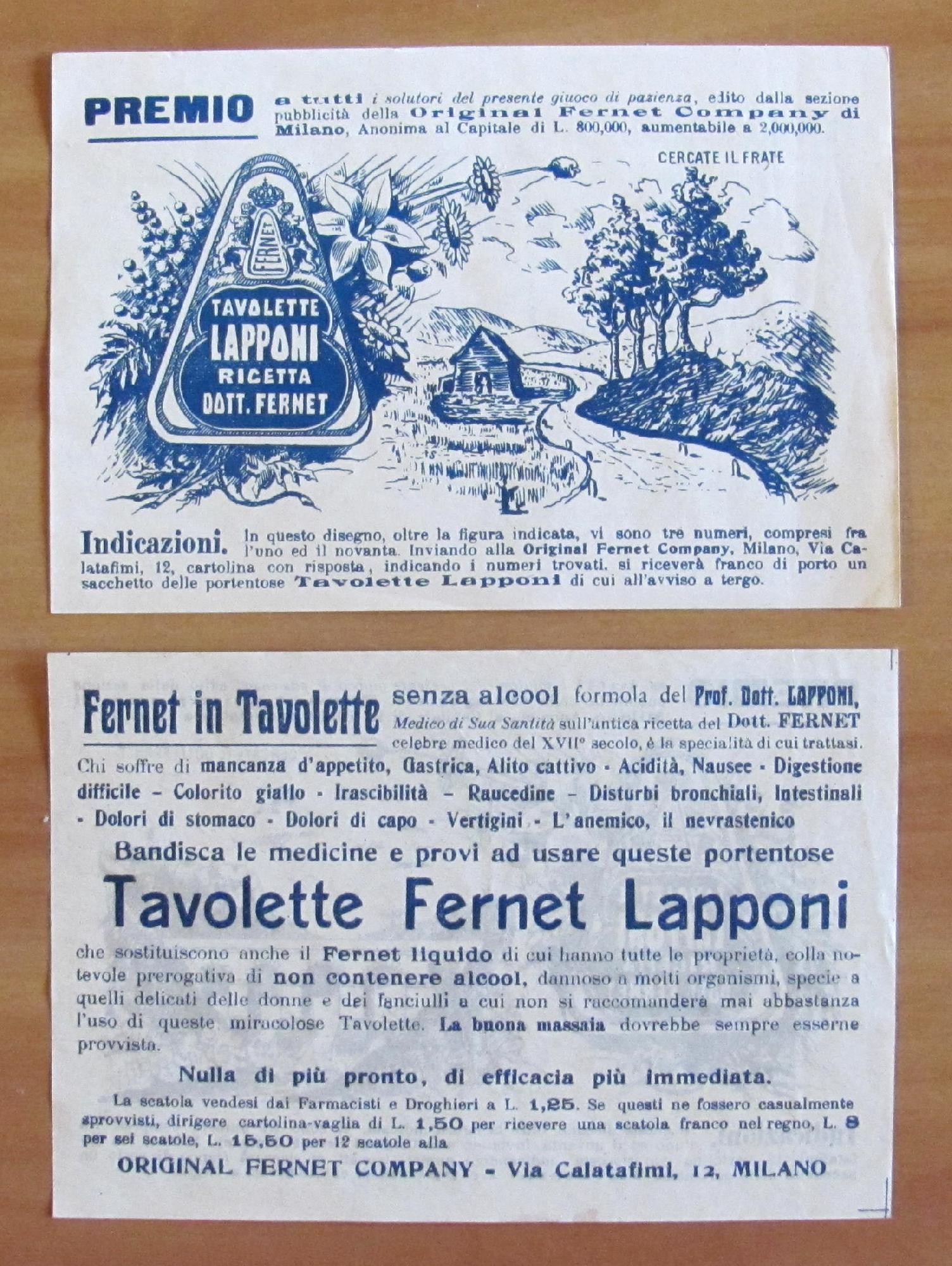 TAVOLETTE FERNET LAPPONI Concorso PREMIO - Pubblicitario anni 30 originale …