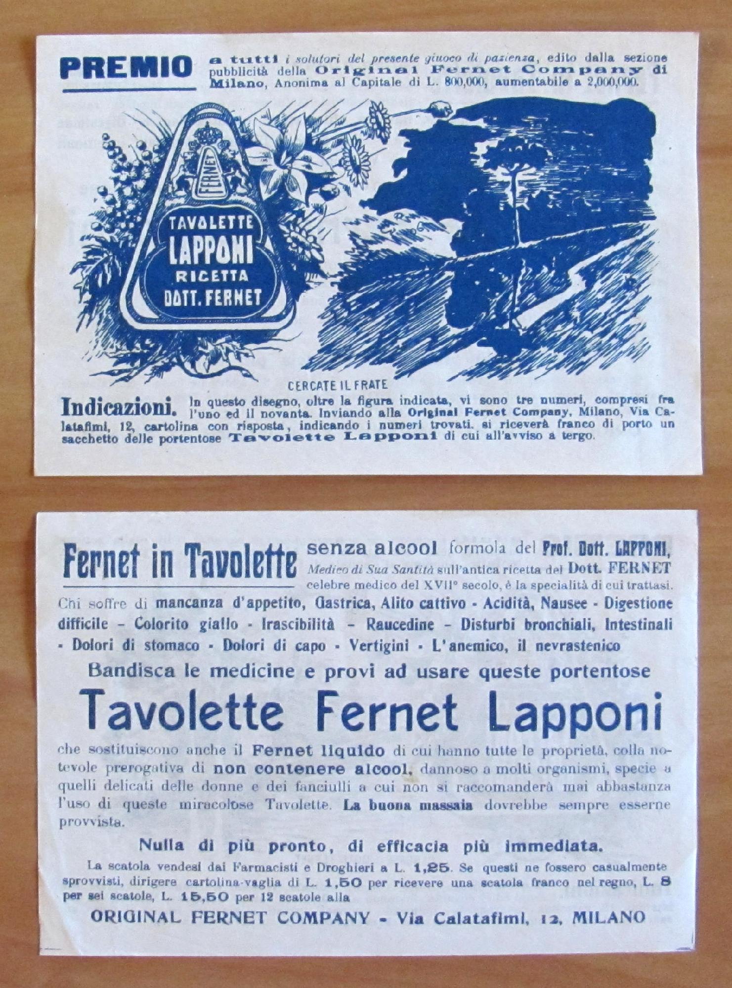 TAVOLETTE FERNET LAPPONI Concorso PREMIO - Pubblicitario anni 30 originale …