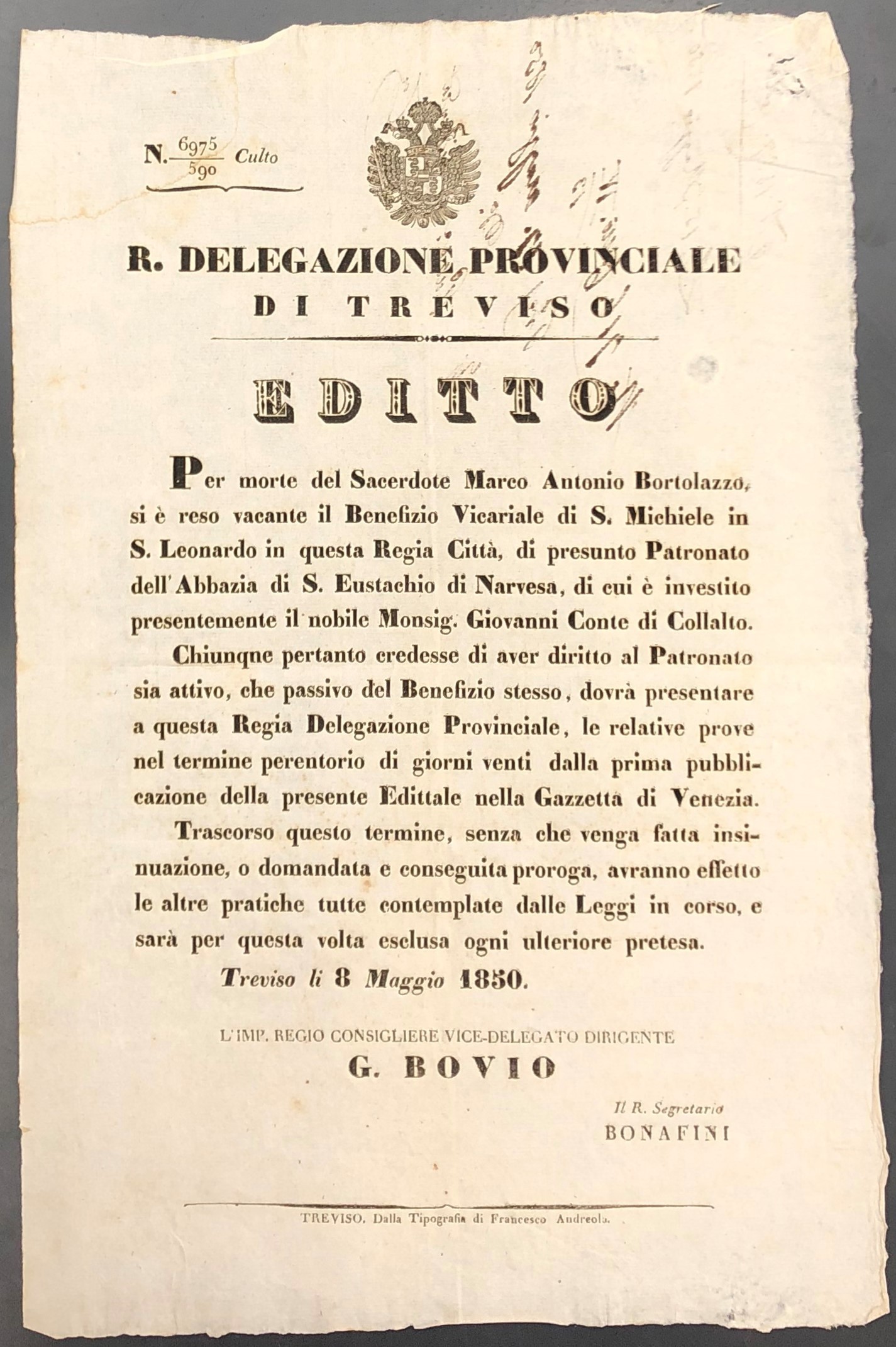 Editto. R. Delegazione Provinciale di Treviso. A seguito della morte …