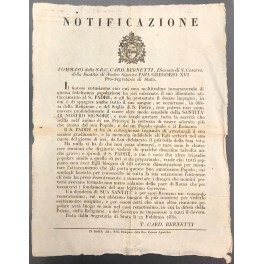 Notificazione. Papa Gregorio XVI pur apprezzando l'affetto manifestato dai fedeli, …