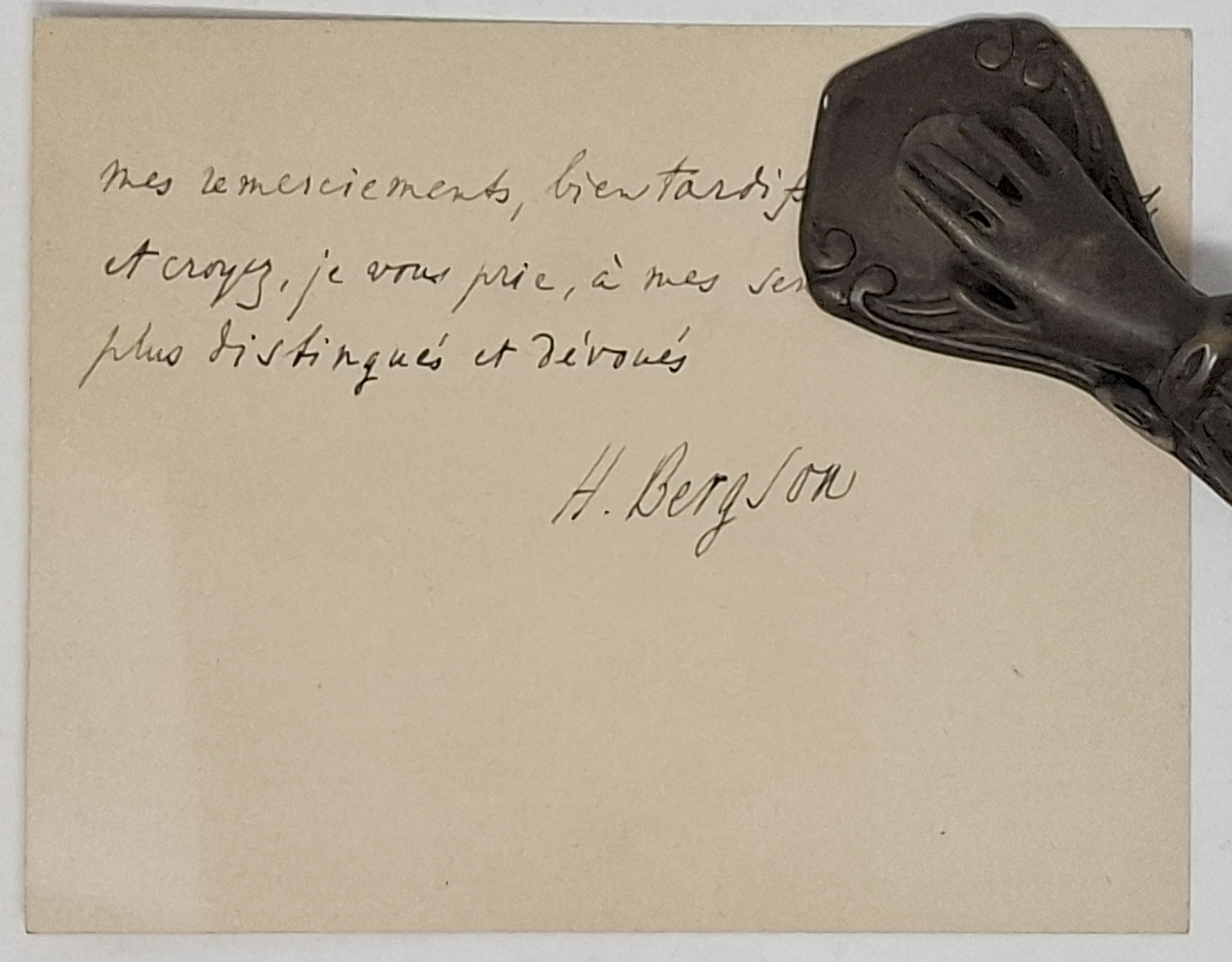 biglietto manoscritto con autografo originale di Henri Bergson