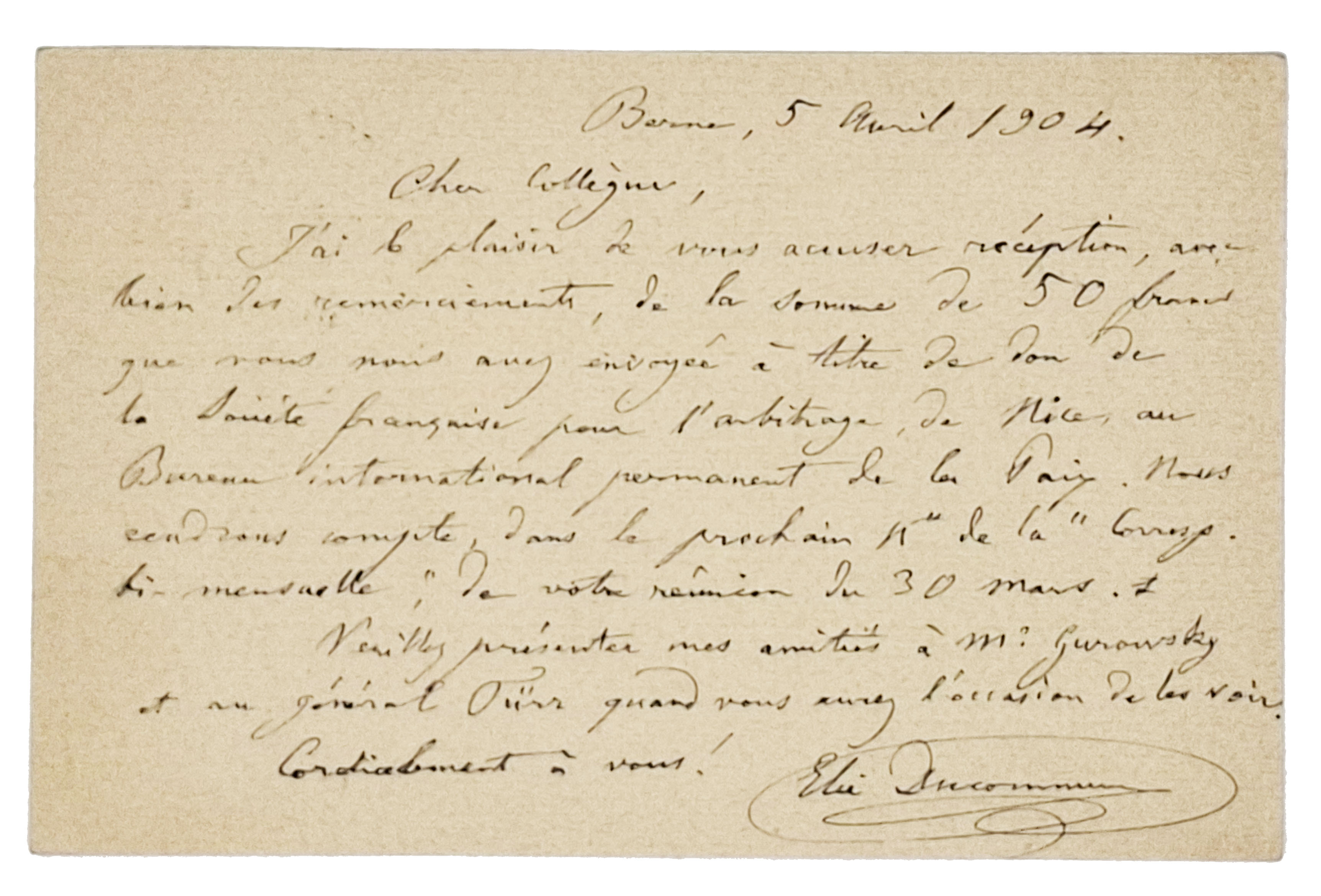 carta postale manoscritta con autografo originale di Elie Ducommun