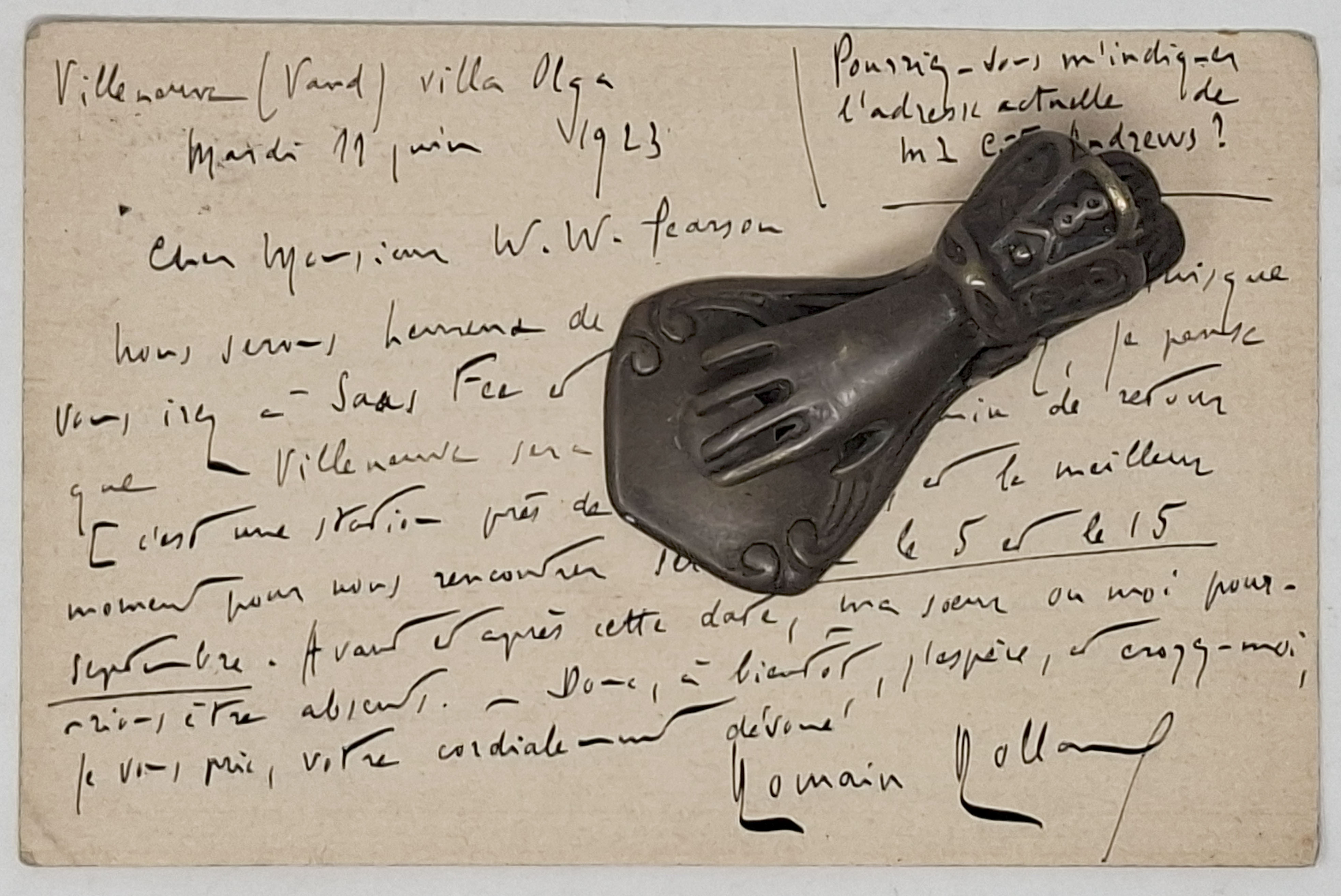 carta postale manoscritta con autografo originale di Romain Rolland