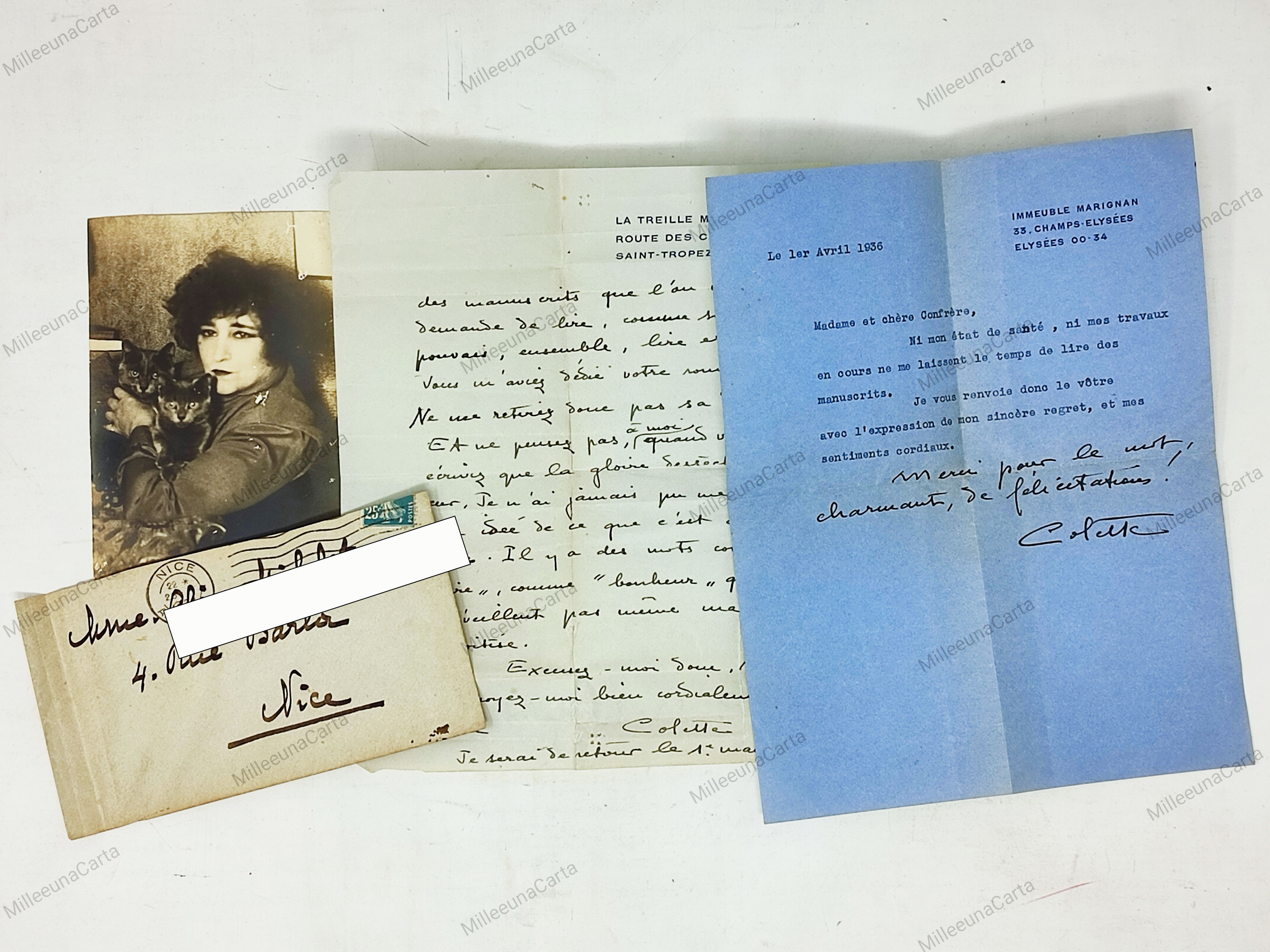 FOTOGRAFIA, LETTERE MANOSCRITTE con AUTOGRAFI ORIGINALI di COLETTE (Sindonie-Gabrielle)