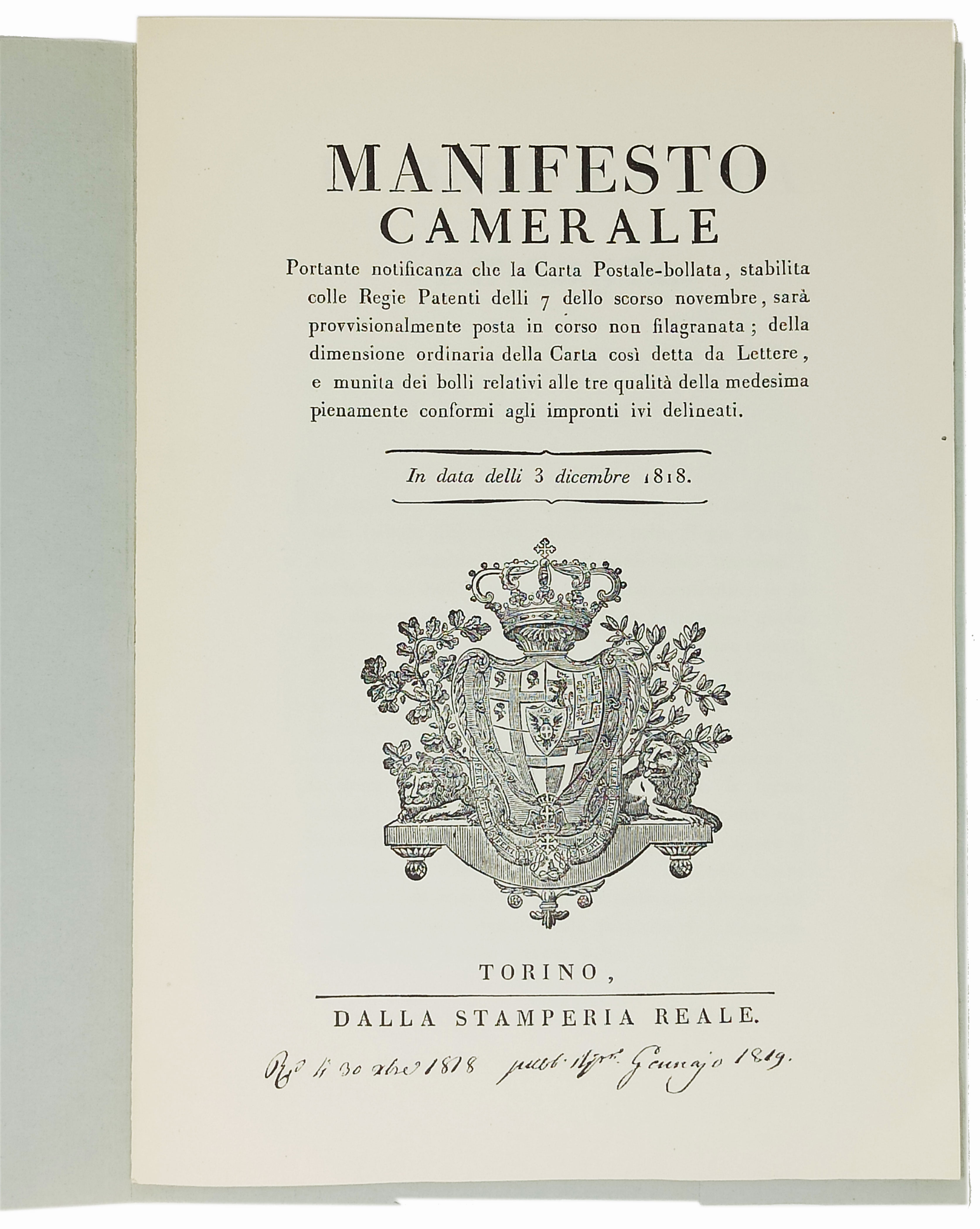 IL MANIFESTO CAMERALE DELLE POSTE SARDE 1818 (Ristampa anastatica del …
