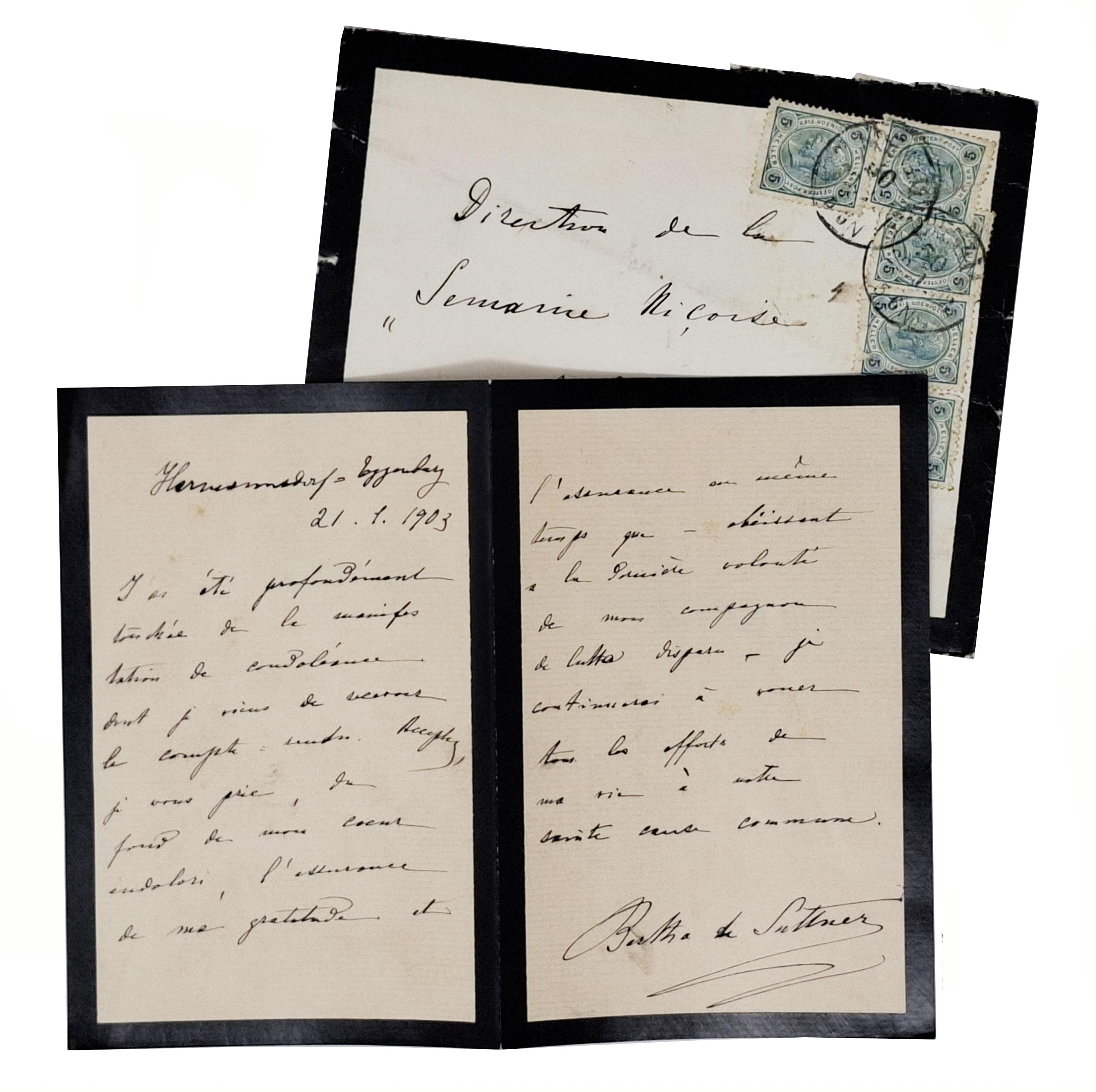 lettera autografa originale di Bertha Felicitas Sophie baronessa Von Suttner