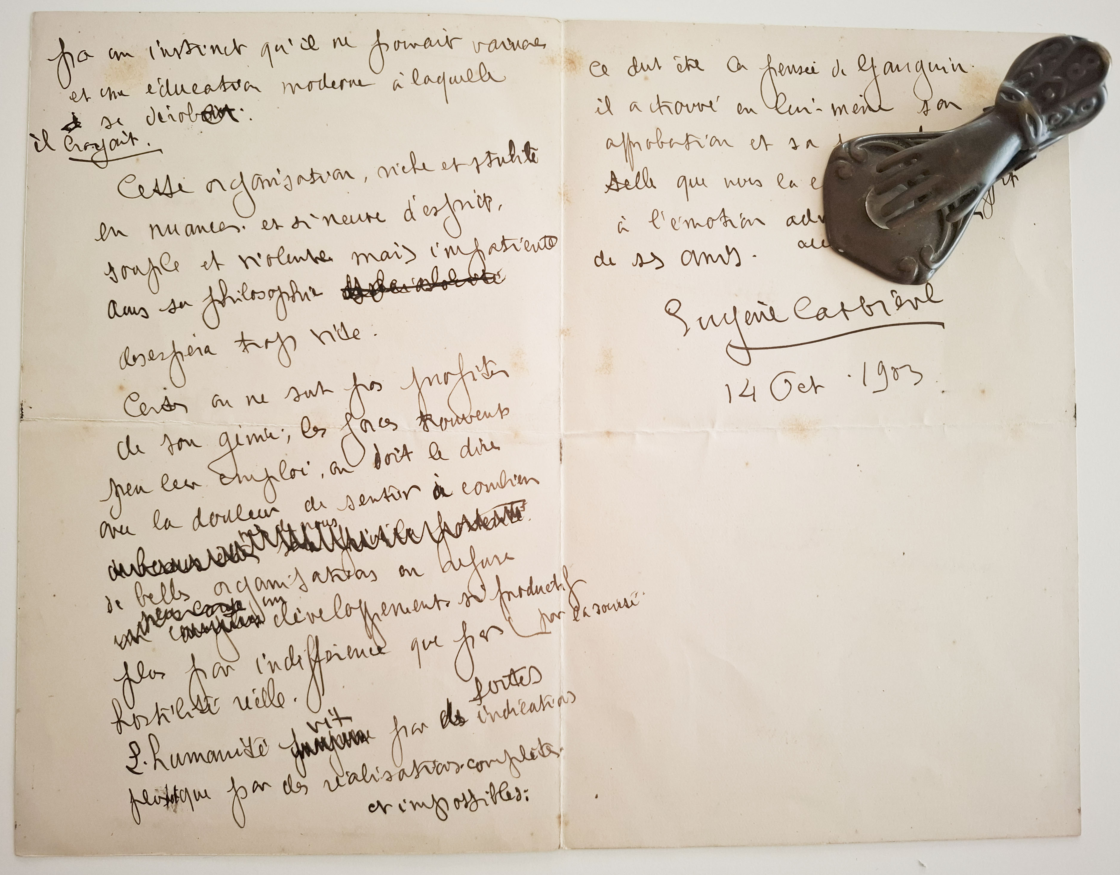 lettera manoscritta con autografo originale di Eugene Carriere