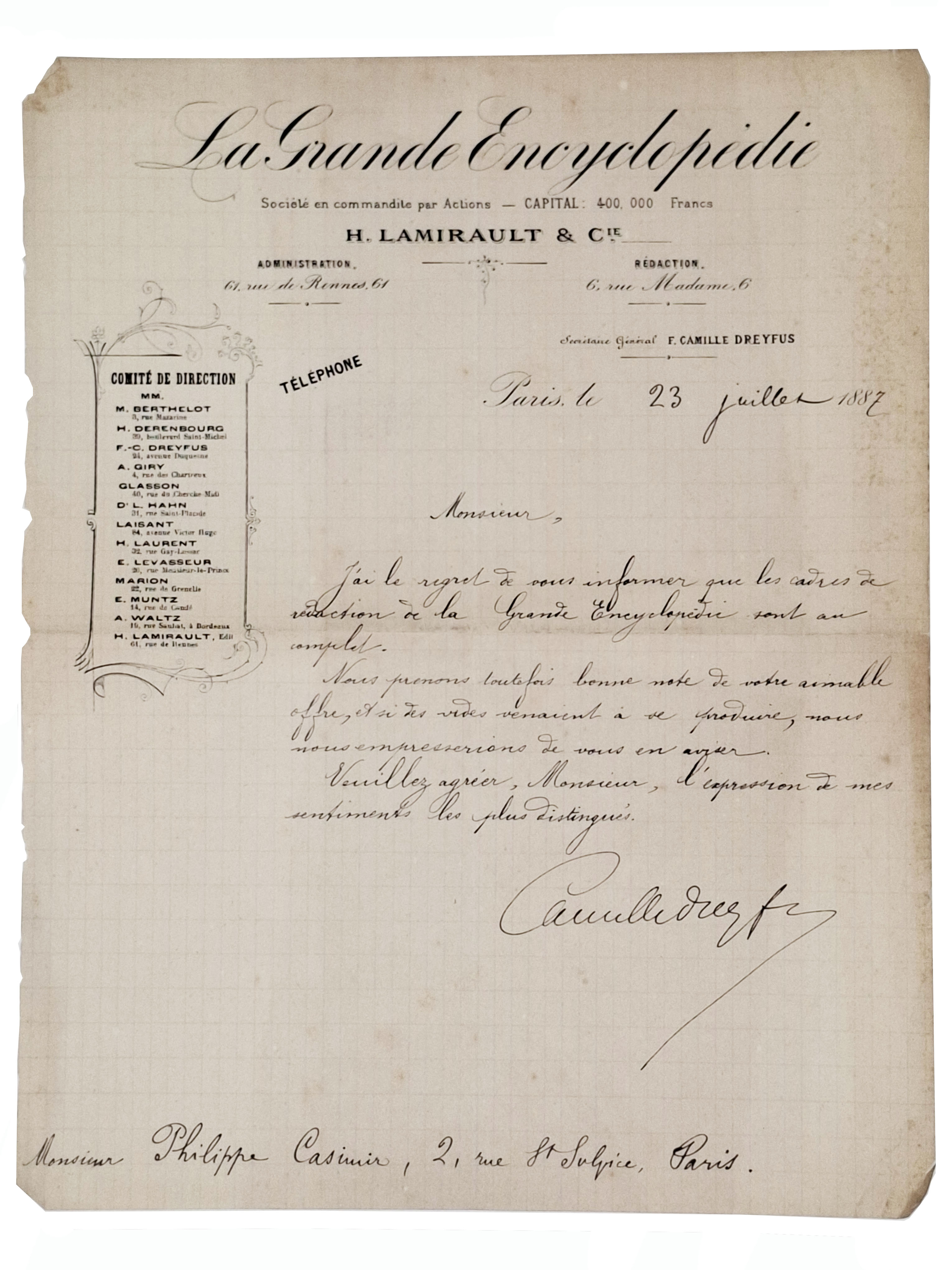 lettera manoscritta con autografo originale di Ferdinand Camille Dreyfus