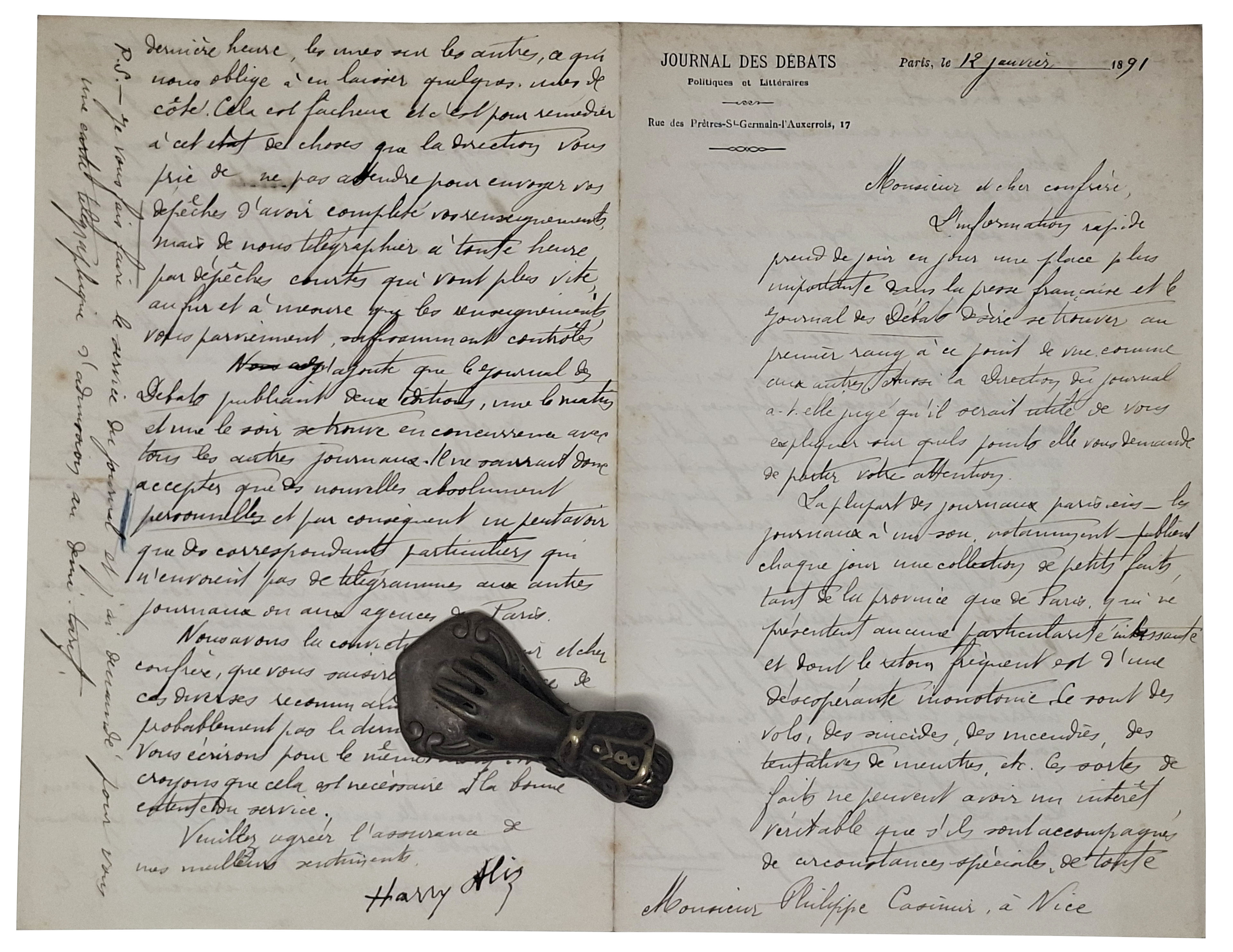 lettera manoscritta con autografo originale di Harry Alis [ Jules-Hippolyte …
